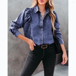Chemisiers pour femmes DUYIT Commuter revers chemise en jean à simple boutonnage femmes automne/hiver décontracté mode manches bouffantes