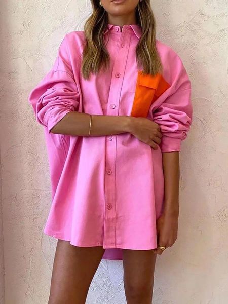 Blouses Femmes DYLQFS Femmes Rose Contraste Couleur Chemise 2023 Poche d'été Simple Rangée Bouton Casual Dames À Manches Longues Haut Élégant