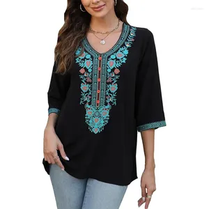 Blouses pour femmes Eaeovni Boho brodé sur les hauts paysans mexicains Bohemian Bohemien 3/4 à manches Blouse tunique