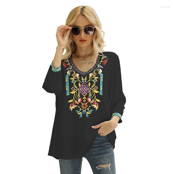 Blusas de Mujer Eaeovni Boho Floral Bordado Top Campesino Mexicano Camisa de Manga Larga Túnica de Verano