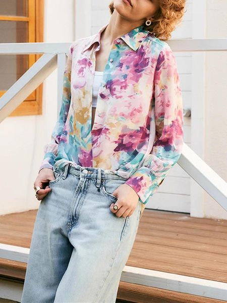 Blusas para mujeres Graffiti Graffiti Tie-Dye Camisa estampada Estampada Sminteed Ladies Fashion Collar de manga larga