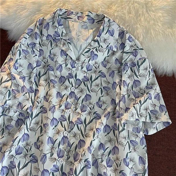 Blouses pour femmes EBAIHUI Blouse Femmes American Retro Chrysanthemum Full Print Loose Size Short Sleeve Shirts Hong Kong Style Ladies Tops