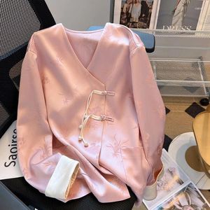 Damesblouses EBAIHUI Chinese knoopoverhemd Vintage losse roze patchwork damesblouse Herfst met lange mouwen en zakontwerp Blusas