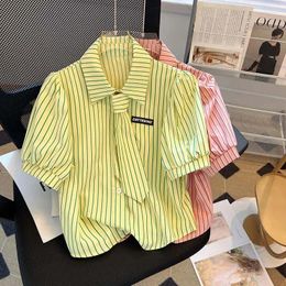 Blouses pour femmes Ebaihui Preppy Style Stripe Short à manches à manches Summer Français Vintage Dames Blouse Top avec cravate Blusas