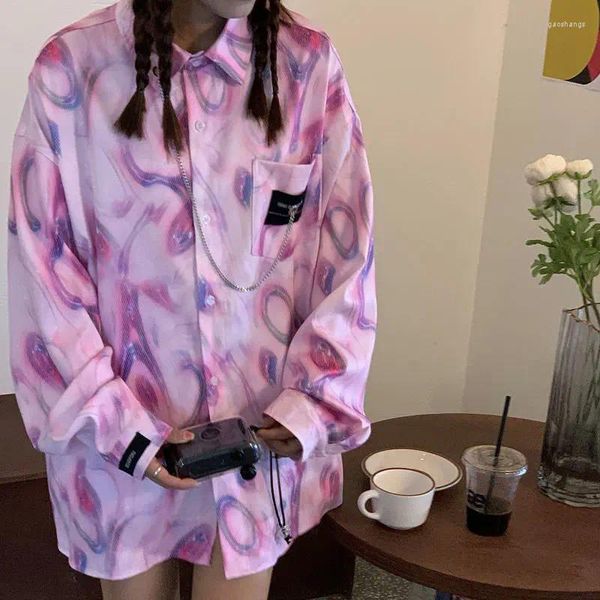 Blouses Femmes Ebaihui Punk Chemise avec chaîne Gothique Dames Chemisier Tie Dye Coréen Oversize Manches Longues Lâche Top Vêtements Décontractés