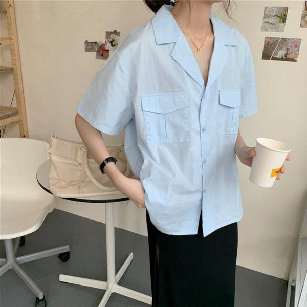 Blusas de mujer EBAIHUI camisa de manga corta estilo Preppy sólido de moda Chic verano Tops estudiante Harajuku suelta suave Casual