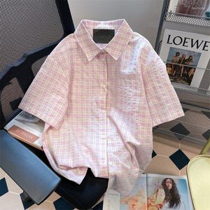 Dames Blouses EBAIHUI Dames Zomer Geruite Shirts Roze Geruite Japanse Vrijetijdskleding Blouse Single Breasted Girly Sweety Shirt met korte mouwen