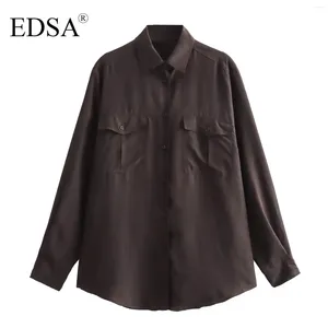 Blouses pour femmes EDSA Fashion Fashion Brown Silk Shirt Long Sleeves avec poignets Butted Rabol