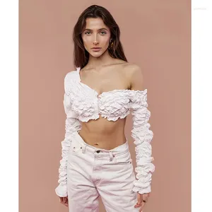 Blouses de femmes Blouse plie élastique Femmes à l'épaule Longue manche Top Shirt Summer White Femme sexy Streetwear