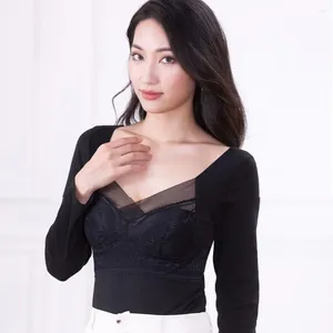 Blouses pour femmes élastique dame sous-vêtements haut confortable hiver col en v dentelle pull rembourré pour les femmes épaisse peluche chaude avec sans couture doux