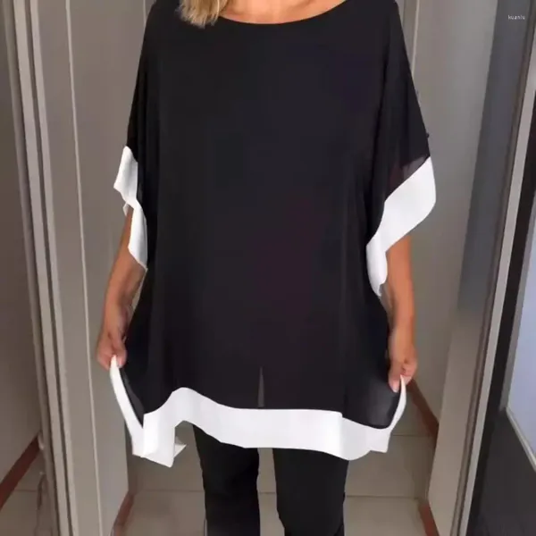 Blusas de mujer, Top elástico para mujer, Color Patchwork, manga de murciélago, Tops informales elegantes de verano con mangas para ropa de calle