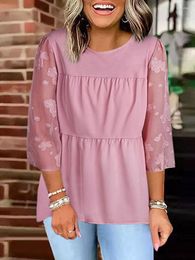 Chemisiers Femme Élégant Manches 3/4 Peplum Top Pour Femme D'été Floral Mesh Trois Quarts Mousseline De Soie Printemps Salon Tunique Chemises Rose