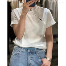 Blouses pour femmes Style chinois élégant et intellectuel bouton avant incliné col montant lin coton tricoté T-shirt haut court