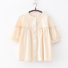 Chemisiers pour femmes élégantes et jeunes femme Mori Girls Style japonais frais à manches courtes blanc rose solide chemise Sweet Lolita vêtements