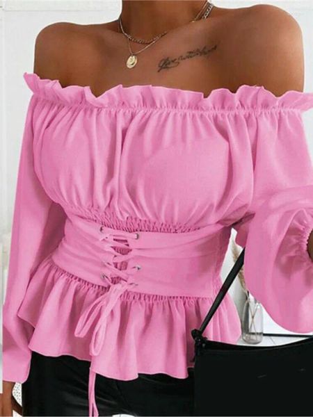 Damesblouses Elegante blouse Schouderafhangend Veters Ruches Slank Roze en tops 2023 Lente Herfst Vrouw Wit Casual overhemdtop