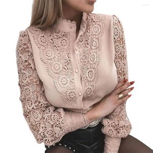Blouses voor dames elegante blouse vintage kanten gesplitte lange mouw roze button up vrouw shirt tops 2024 mode casual dames top