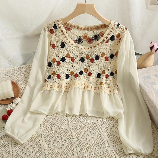 Chemisiers pour femmes Blouse élégante haut pour femme et chemise à manches longues tricotée au Crochet Boho vêtements Blusa Mujer Moda 2023