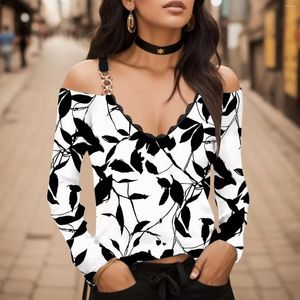 Damesblouses Elegante Boheemse bloemen V-hals Kanten riem Koude schouder Klassieke blouse met shirtmouwen Vrouw T-shirt voor dames