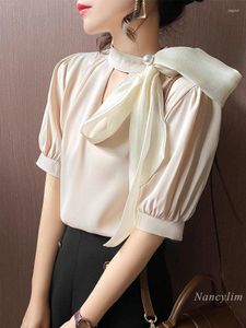 Chemisiers pour femmes élégant noeud papillon col montant chemise femmes été Style coréen écharpe ample à manches courtes abricot Blouse bureau femme