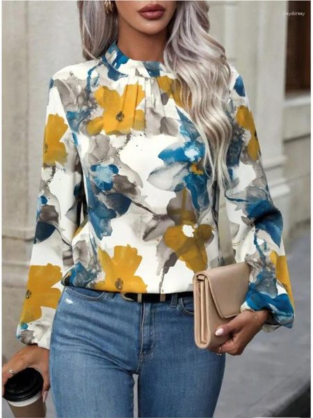 Chemisiers pour femmes chemises décontractées élégantes printemps automne peint grande fleur plis mode chemisier Losse pull haut Boho vêtements féminins