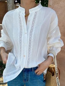 Damesblouses Elegant Chic Shirtblouse Kant Katoen Zomer Lente Lange lantaarnmouwen Dames Wit Roeping Casual Dames Tops