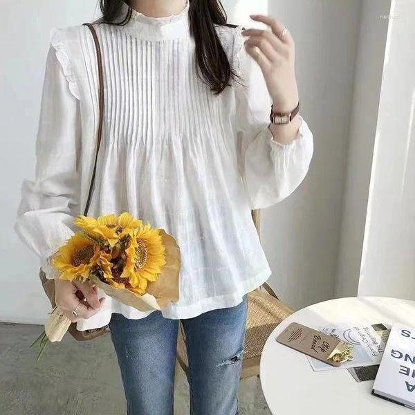 Blusas de mujer, camisa elegante y elegante para mujer, Tops altos plisados con cuello levantado a la moda coreana para otoño y primavera