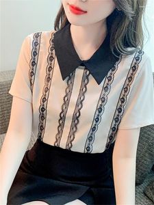 Dames Blouses Elegante Chiffon Blouse Vrouwen Kant Gestreepte Print Korte Mouwen Losse Truien TOP Office Lady Formele Shirts Zomer 2023