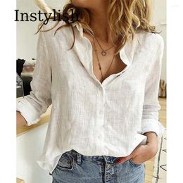 Damesblouses Elegante katoenen linnen shirts Dames Casual effen knop revers Herfst Winter Lange mouwen Losse tops Tuniek Blusas