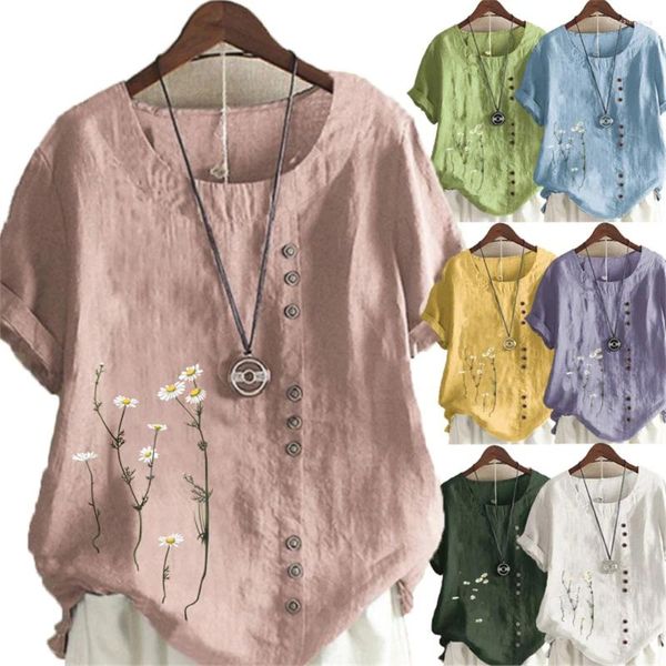 Chemisiers pour femmes élégant imprimé marguerite chemise en coton et lin décontracté été femmes col rond manches courtes jaune pull haut mode rue fleur