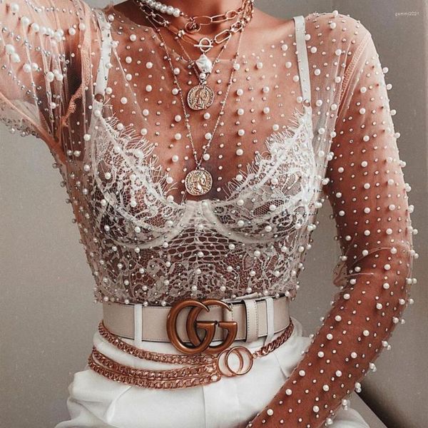 Blouses Femmes Élégant Diamant Sparkle Sheer Pearl Blouse Chemises Femmes 2023 Été Sexy Voir À Travers Tops Night Club Party Mesh Blusas