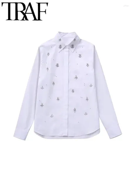 Blusas de mujer, blusa informal elegante con adornos de cuentas a la moda para mujer, camisa holgada de manga larga de otoño 2023, Top femenino Y2K blanco