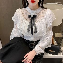 Damesblouses Elegant Mode Kant Dieptepunt Shirt Lente Herfst Holle Bloem Ruche Blouse Strik Kralen Lange mouw 6 Kleuren 2023