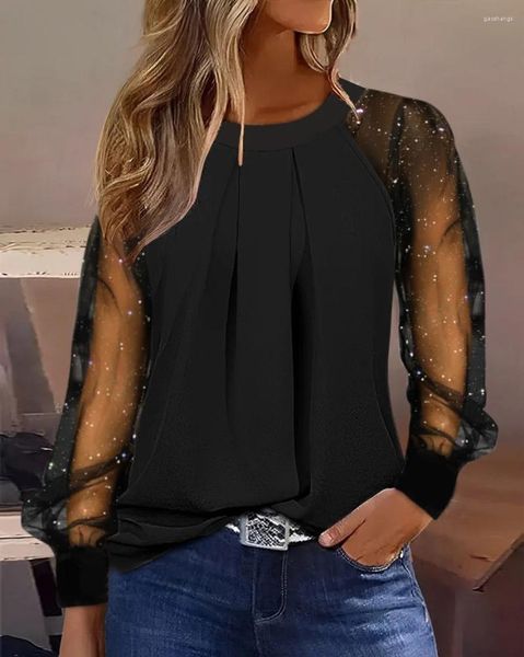 Blusas de mujer elegante moda encaje Patchwork camisa de manga larga Otoño/Invierno Oficina señora blusa de cuello redondo ropa de mujer S-XXL