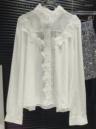 Blouses pour femmes élégants dentelle de mode élégante imprimée 3D Fleurs blanches Blouse Femmes 2024 Collier de support doux au début du printemps
