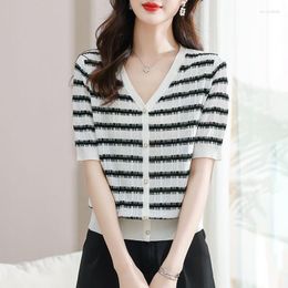 Chemisiers pour femmes élégant mode maigre rayé à manches courtes bouton coréen col en v impression simplicité été mince vêtements pour femmes 2023