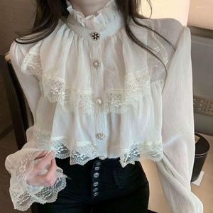 Blouses pour femmes élégantes mode col montant chemises en mousseline de soie coréenne Vintage femmes Blouse Blusas à manches longues volants dentelle Femme hauts S9191