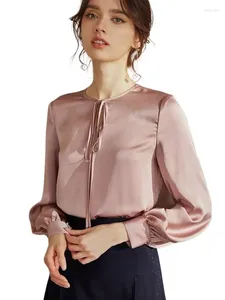 Damesblouses Elegante mode Dames satijnen blouse Ballonmouwen Vetersluiting Koreaans lang overhemd Kantoor Dame Lente Ijszijde Blusas