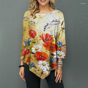 Blouses voor dames elegante veer bloemenprint onregelmatig shirt herfst vrouwen casual o-neck driekwart pullover tops mode street vrouw