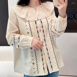 Blouses pour femmes Chemises féminines élégantes Style coréen Boutons colorés Broderie ukrainienne Manches longues pour femmes Beige Vêtements Lolita