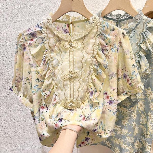 Blouses Femmes Élégant Floral Femme 2023 Été Minceur Col Montant Dentelle Organza Couture Impression Chemise En Mousseline De Soie À Manches Courtes