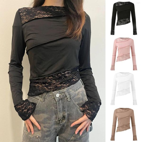 Blusas de mujer Elegante encaje floral Camisetas ajustadas Grunge Retro Crop Top Y2k Vintage Patchwork Camiseta Botón Corte bajo Manga larga Señora