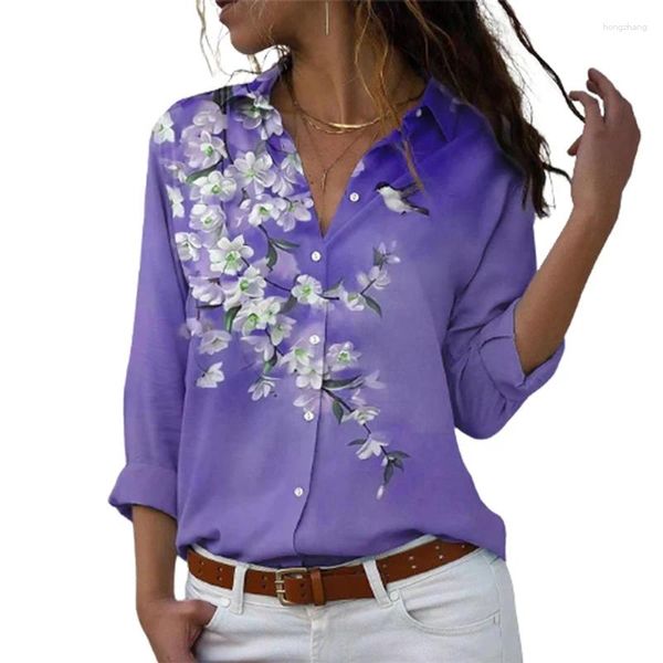 Blusas De Mujer Camisa Elegante con Estampado 3D De Flores Camisa Ajustada para Mujer Solapa Manga Larga Cárdigan De Un Solo Pecho Blusa para Mujer Otoño Viajero Informal