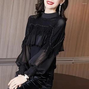 Blans des femmes élégantes gaze de gaze épissée perles de poulichage Ruffles Vêtements 2024 chemises coréennes lâches Lanterne Shirts SQ40