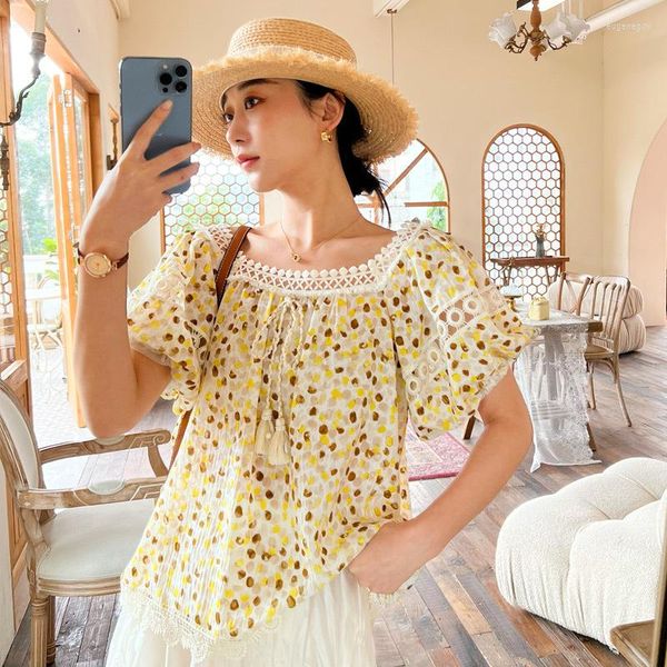 Blouses pour femmes élégantes gitane femmes dentelle Squsre col 2023 été Vintage lanterne manches gland imprimer Boho décontracté chemise ample femme