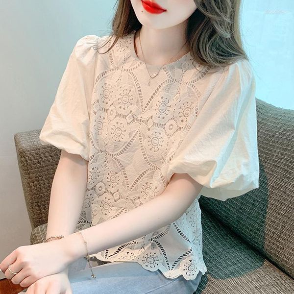 Blouses pour femmes Élégant Mode Coréenne Creux Crochet Chemise D'été À Manches Courtes Dentelle Blouse Femmes Dames Casual Lâche Tops Blusas Mujer