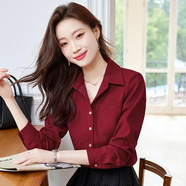 Chemisiers pour femmes élégant mode coréenne bureau dame affaires décontracté chemises boutonnées simples solides minces à manches longues hauts pour femmes vêtements
