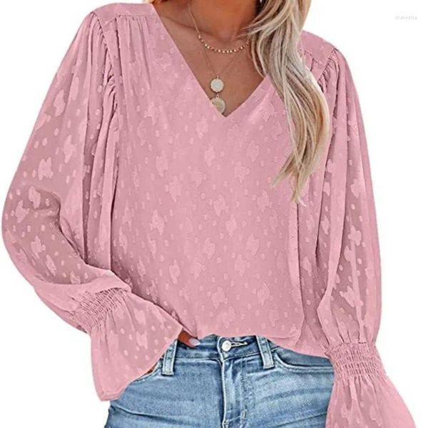 Blusas de mujer elegante de encaje de gasa con cuello en V de manga larga blusa suelta rosa Top moda plisada llamarada S-2XL