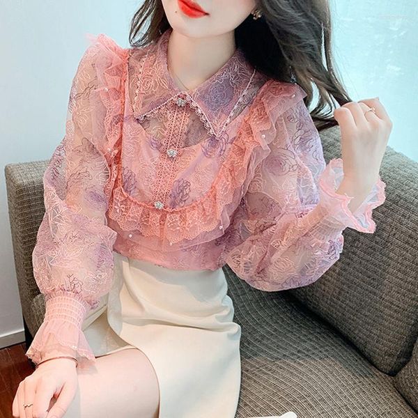 Chemisiers pour femmes Élégant Dentelle Broderie OL Style Chemise À Manches Longues En Mousseline De Soie Été Automne Chic Top Lâche Doux Femmes Vêtements Commute Blouse