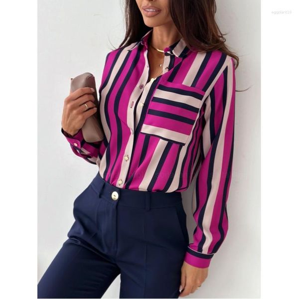 Blouses pour femmes Elegant Lady Shirt Tops Striped Tops Blouse2023 AUTUME SIMPLE SOID V V V V V V VUS BUREAU