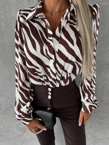 Blusas de mujer elegante solapa Irregular camisa con estampado de cebra Otoño/Invierno blusa de botones de manga larga Mujer Estilo Dulce Top S-XXL